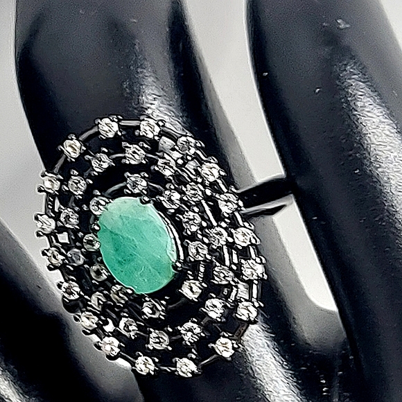 Natural Green Emerald 7x5mm White Topaz 925 Sterling Silver Ring Size 6.… - Picture 3 of 7